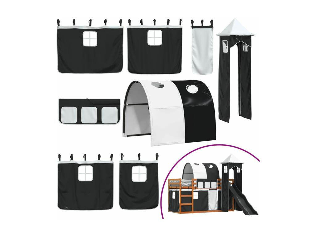 Loft Bed With Slide And Curtains White And Black 90x190 cm Wooden Frame For Kids Space Saving