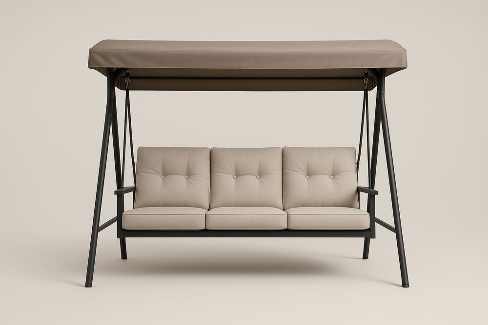 Three-Seat Outdoor Swing Chair With Powder-Coated Steel Frame And Beige Cushions