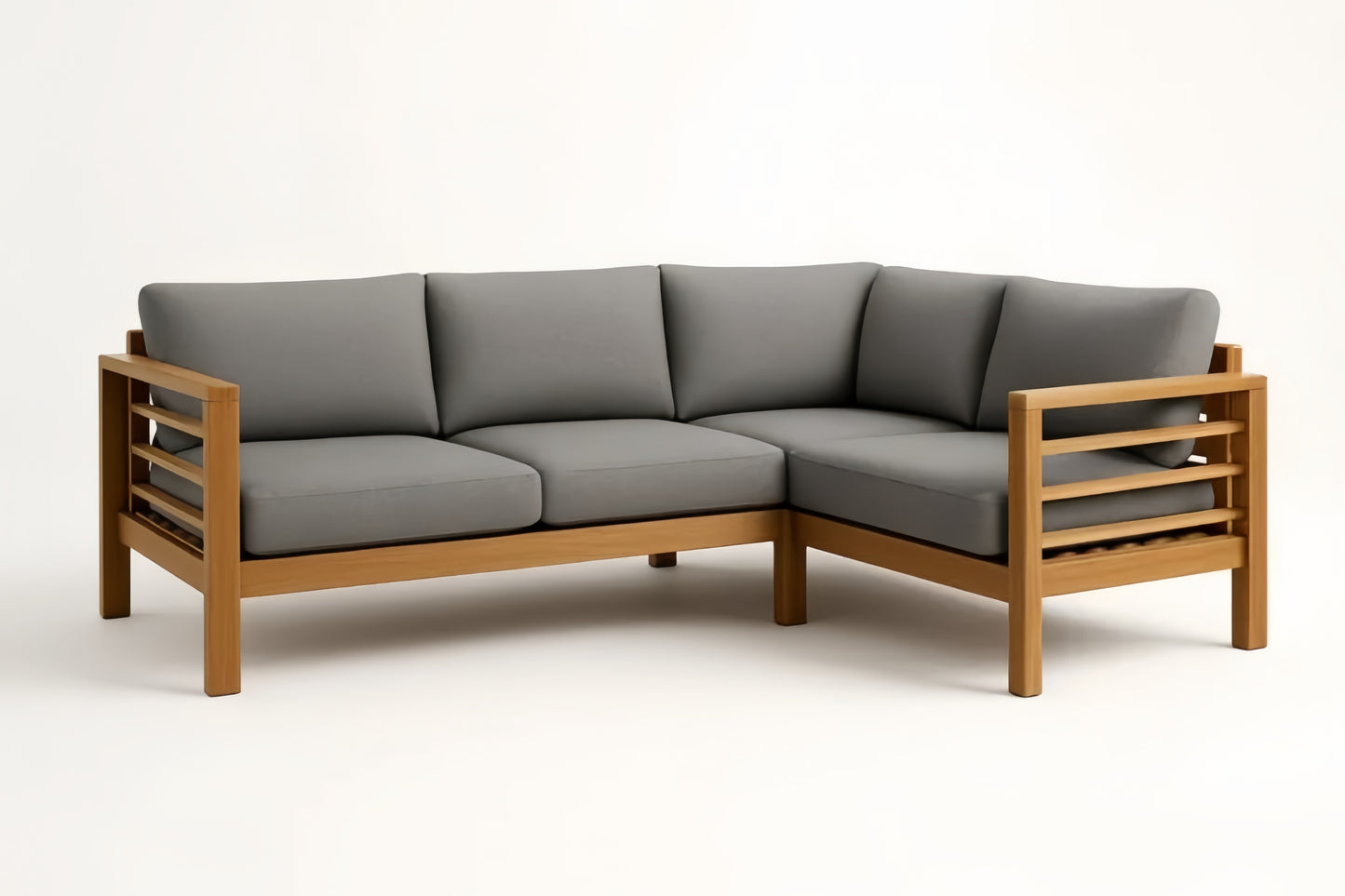 Acacia Wood Corner Sofa With Gray Polyester Cushions And Durable Solid Frame Two Tone Design