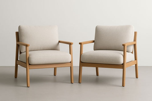Set Of Two Light Oak Wood Armchairs With Beige Polyester Upholstery Polyurethane Foam Cushions